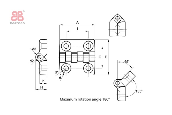 Scharnier A-64mm I-40mm C-38mm; d1-6,5mm met doorlopend gat