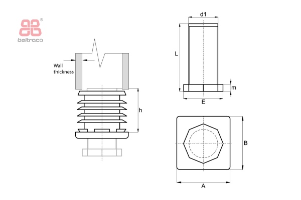 Insteekdop met stelvoet - vierkant - 20x20mm - M12