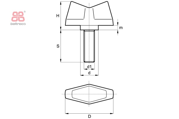 Vleugelschroef D-28mm - M5 x 15mm