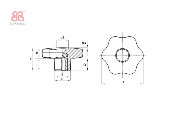 Sterknop met blinde holle schroefdraad D-60mm - M12