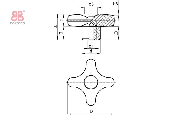 Kruisknop met blinde draadbus D32mm - M8