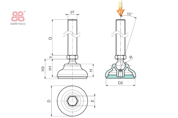 Stelvoet met spindel, beweegbaar D-50mm - M12x45mm