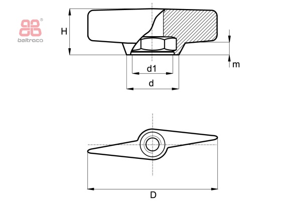 Vleugelmoer met schroefdraad D-70mm - M8