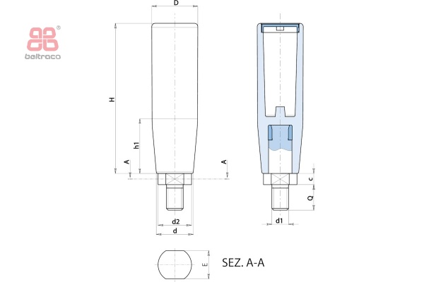 Cilindrische handvat EUROMODEL D-27 mm H-89,5 m  M10 x 15 mm   met draadeind contramoer met slotbout